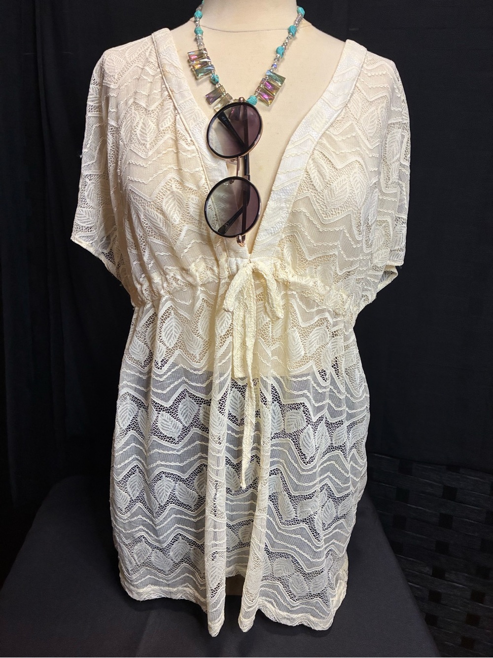 Cream Lace Tie-Front Swim Coverup